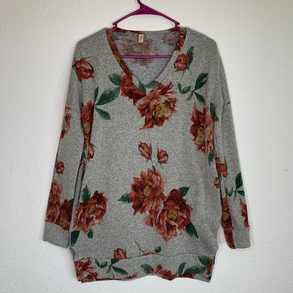 Gray Floral V-Neck Sweater With Pockets
